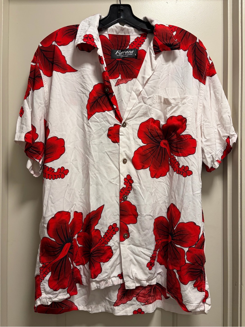 Favant Hawaii Aloha Shirt Mens L Red Hibiscus Floral 100% Rayon Hawaiian Camp